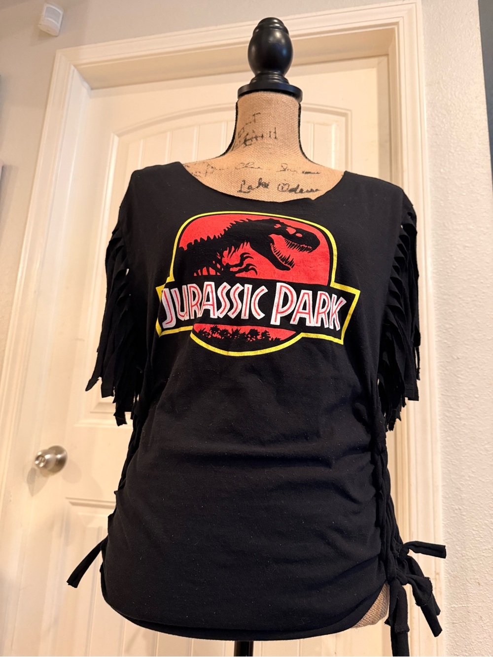 Jurassic Park Upcycled Fringe Tee – Size Medium